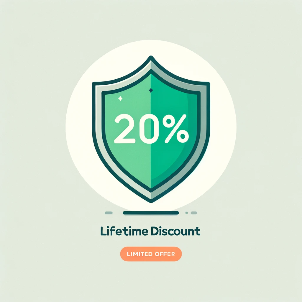 Minimalistic shield symbolizing protection. The shield is in a brighter shade of green. Within the shield, the clear message '20% Lifetime Discount' is displayed, while the 'Limited Offer' wording is positioned below it in a contrasting shade of orange. The background remains a muted, light gray, emphasizing the simplicity and professionalism of the design, suitable for an insurance plan for long-term disability.