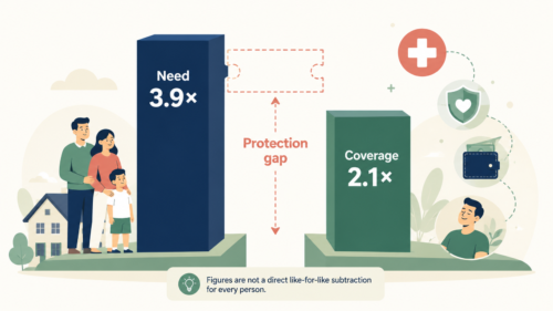 Comparison of LIA’s 3.9-times-income critical illness need with average policyholder coverage of 2.1 times income in Singapore.