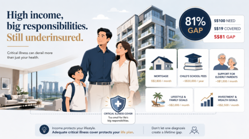Higher-income Singapore professional reviewing a critical illness coverage gap despite having savings, insurance and employer benefits.