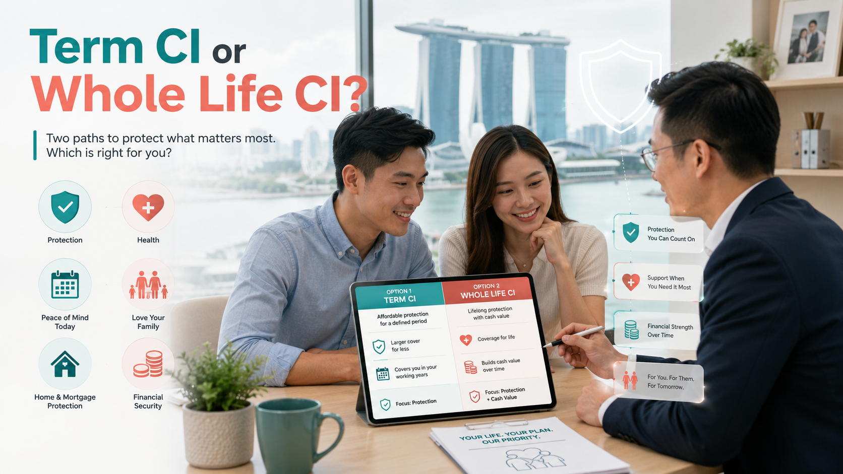 Term CI vs whole life CI insurance in Singapore compared by premiums, coverage duration, cash value and protection amount.