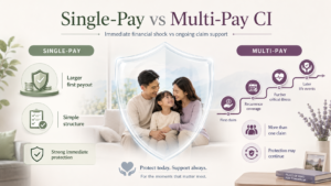 Single-pay vs multi-pay critical illness insurance in Singapore compared by first payout, repeat claims and remaining coverage.
