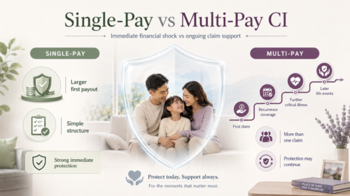 Single-pay vs multi-pay critical illness insurance in Singapore compared by first payout, repeat claims and remaining coverage.