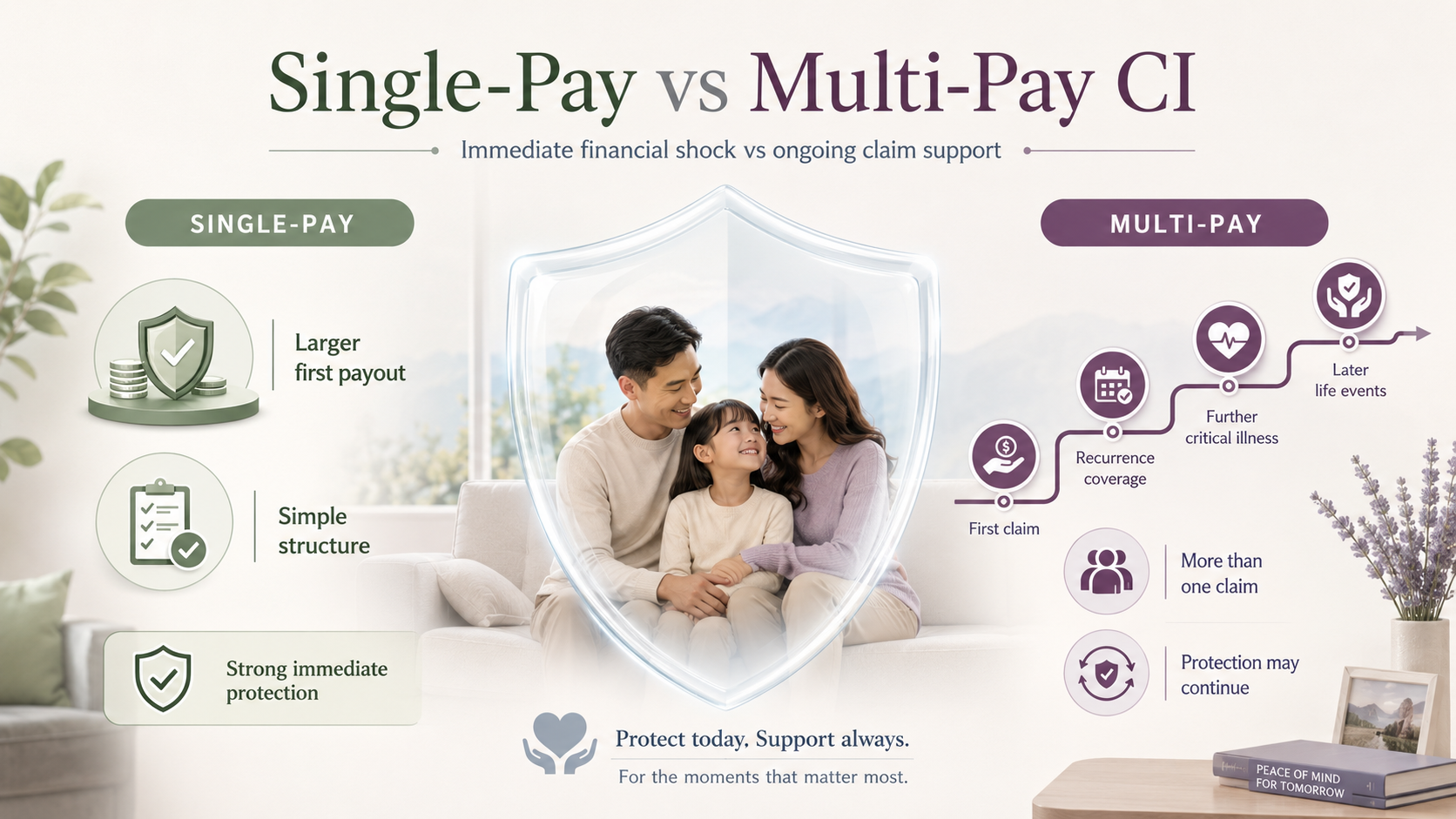 Single-pay vs multi-pay critical illness insurance in Singapore compared by first payout, repeat claims and remaining coverage.