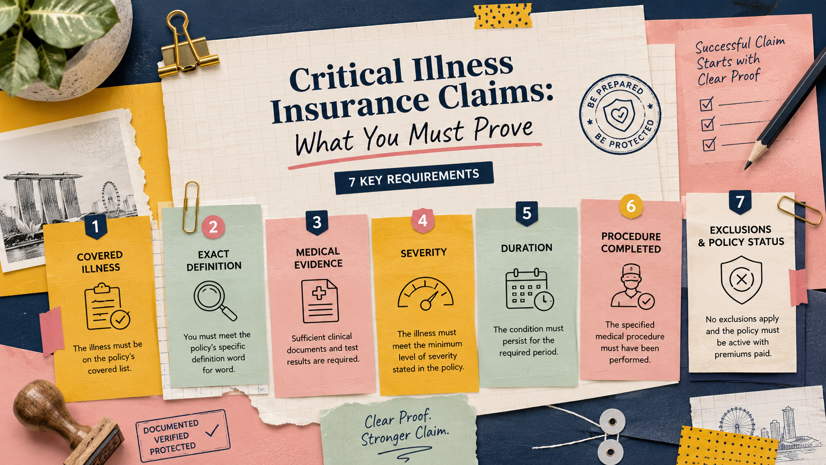 Critical illness claim checklist covering policy definitions, disease severity, medical evidence, exclusions and appeal steps.